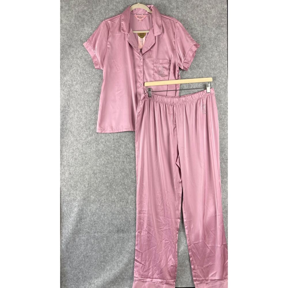 Juicy Couture Satin Pajama Set Womens Large Pink Rhinestone Stretch Bling NEW